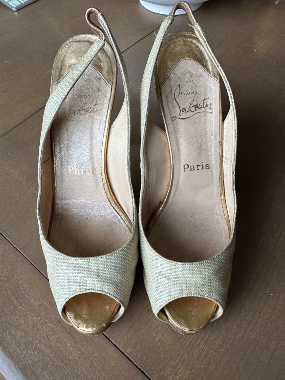 Christian Louboutin Neutral canvas peep toe heels size 39